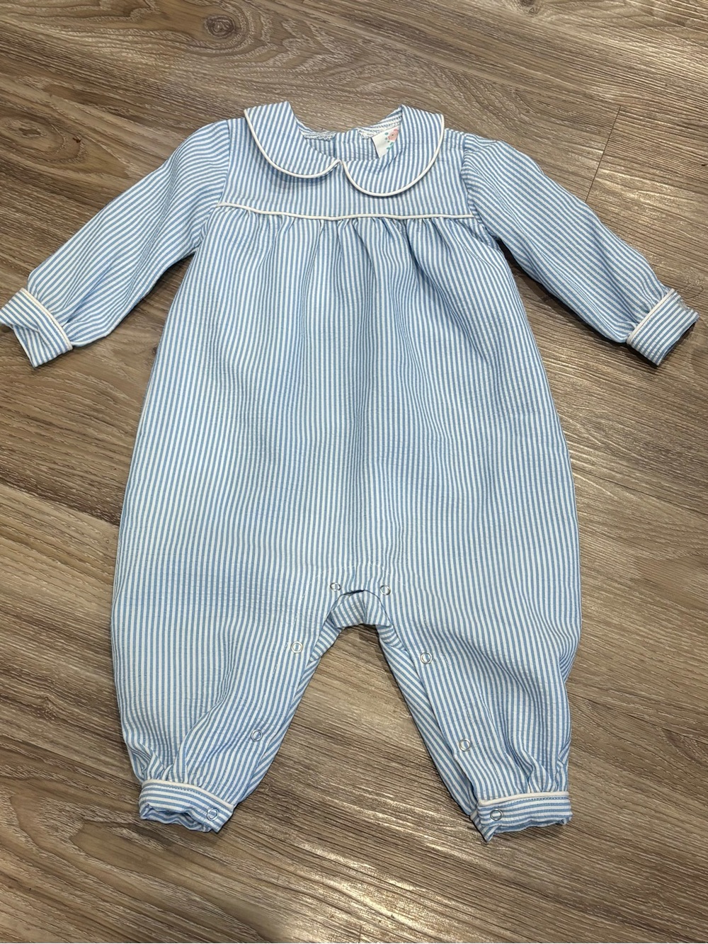 Classic Baby Blue and White Pinstripe One-Piece Romper with White Trim